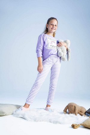 Пижамный комплект из хлопкового чесаного хлопка с длинными рукавами и полосатым принтом для девочек, обычный крой
