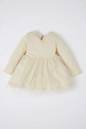Платье из тюля с круглым вырезом и цветочным принтом с длинными рукавами для маленьких девочек
