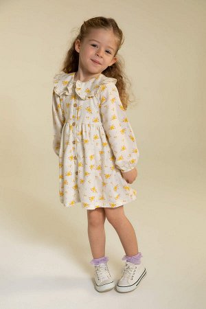 Платье из твила стандартного кроя с цветочным принтом для маленьких девочек и большим воротником с длинными рукавами