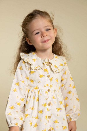 Платье из твила стандартного кроя с цветочным принтом для маленьких девочек и большим воротником с длинными рукавами