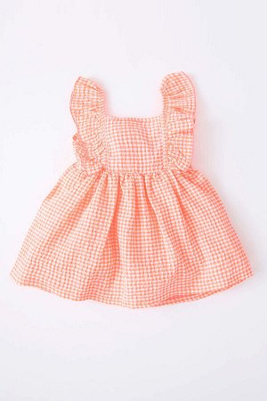 Мятое платье без рукавов с квадратным воротником и квадратным воротником для маленьких девочек в мелкую клетку