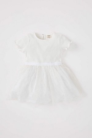Платье-пачка на бретелях с короткими рукавами и круглым вырезом для маленьких девочек