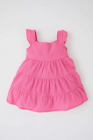 Базовое льняное платье стандартного кроя с квадратным воротником и ремешками для маленьких девочек