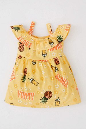 Платье средней посадки с открытыми плечами и бретельками с фруктовым узором для маленьких девочек