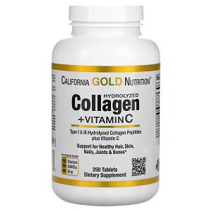 CALIFORNIA GOLD NUTRITION Гидролизованные пептиды коллагена + витамин С, тип I и III, 250 таб.