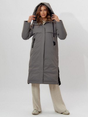 Пальто утепленное женское зимние серого цвета 112205Sr