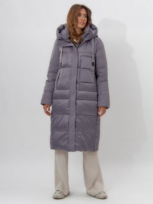 Пальто утепленное женское зимние серого цвета 112261Sr