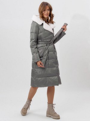 Пальто утепленное женское зимние серого цвета 112268Sr