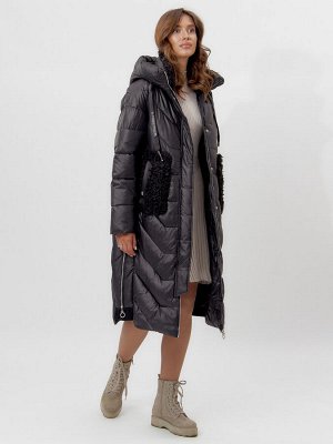 Пальто утепленное женское зимние черного цвета 11608Ch
