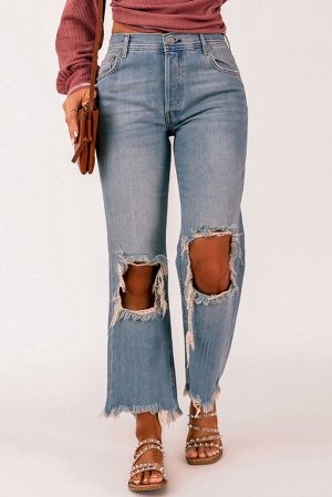 Sky Blue Distressed Knee Holes Straight Leg Jeans