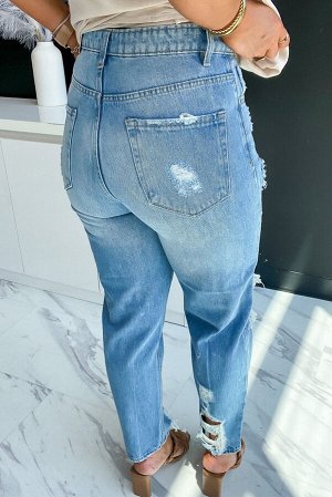 Blue Medium Wash Distressed Straight Jeans