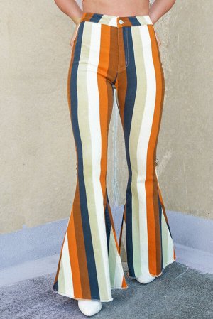 Multicolor Striped Print High Waist Flare Denim Pants