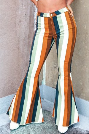 Multicolor Striped Print High Waist Flare Denim Pants