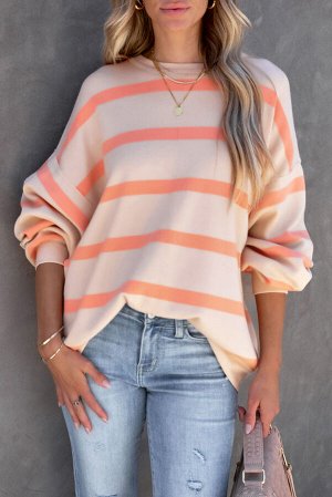 Розовый полосатый пуловер с круглым вырезом