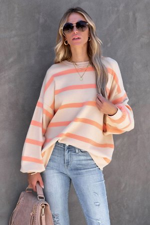 Розовый полосатый пуловер с круглым вырезом