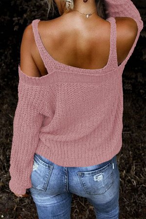 Розовый вязаный свитер с открытыми плечами