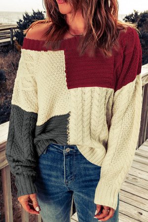 Вязаный свитер в стиле колорблок: красный, молочный, серый