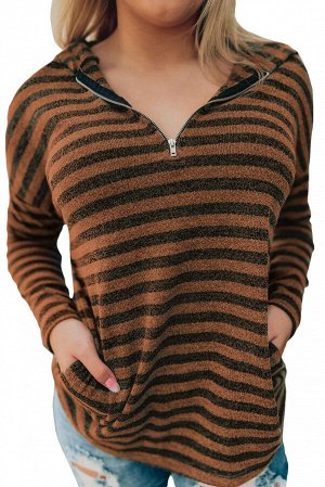 Коричневый полосатый пуловер с молнией спереди и карманами