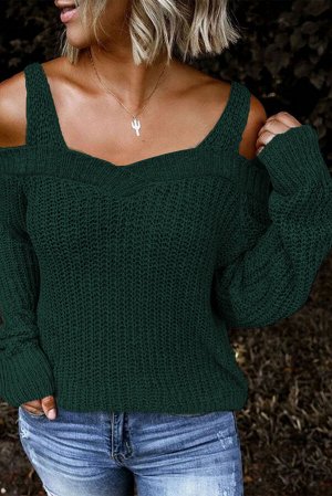 Зеленый вязаный свитер с открытыми плечами