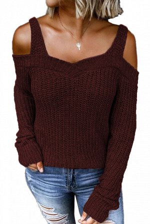 Бордовый вязаный свитер с открытыми плечами