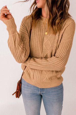 Бежевый свитер с длинным рукавом и комбинированным узором