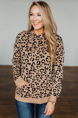 Леопардовый вязаный свитер с капюшоном и карманами