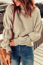 Khaki High Neck Drop Shoulder Rib Knit Sweater