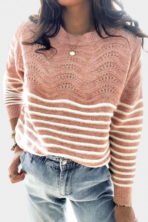 Розовый полосатый текстурированный свитер с длинным рукавом