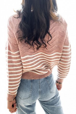 Розовый полосатый текстурированный свитер с длинным рукавом