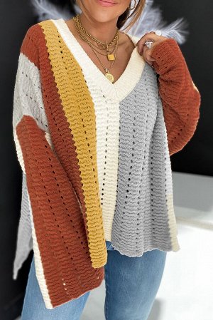 Разноцветный полосатый вязаный свитер с V-образным вырезом
