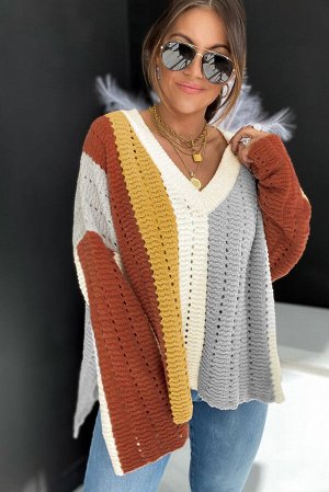 Разноцветный полосатый вязаный свитер с V-образным вырезом