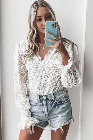 White Lace V Neck Wrap Long Sleeve Bodysuit