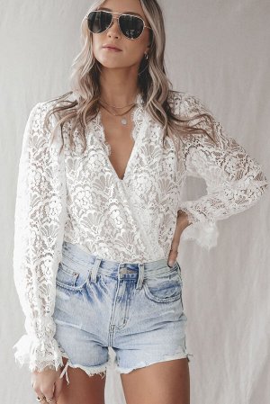 White Lace V Neck Wrap Long Sleeve Bodysuit