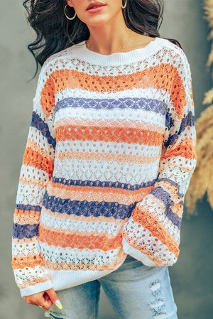 Цветной свитер ажурной вязки в полоску