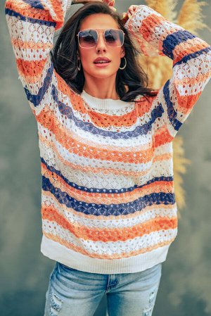 Цветной свитер ажурной вязки в полоску