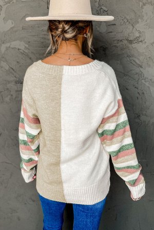 Бежевый комбинированный свитер с цветными полосатыми рукавами