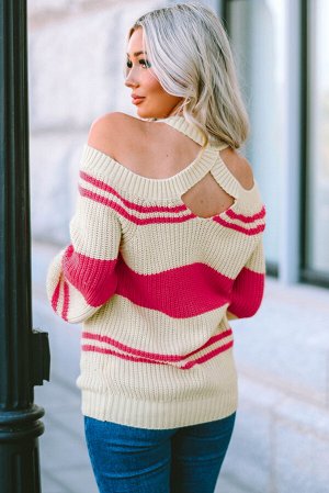 Бежевый свитер с розовыми полосками и открытыми плечами
