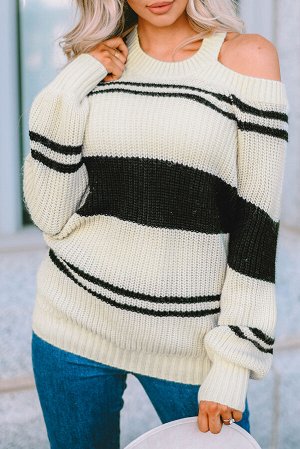 Бежевый свитер с черными полосками и открытыми плечами