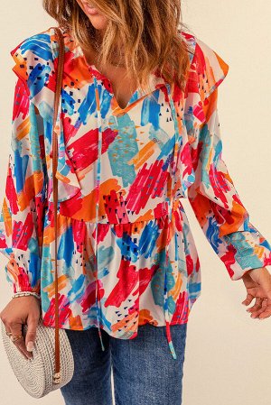 Разноцветная блузка с абстрактным принтом, длинным рукавом и воланами