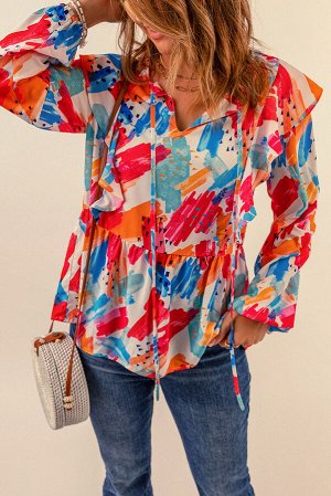 Разноцветная блузка с абстрактным принтом, длинным рукавом и воланами