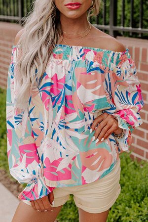 Разноцветная блуза с цветочным принтом длинным рукавом и открытыми плечами