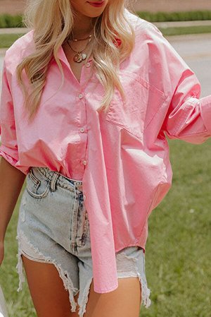 Розовая рубашка оверсайз с нагрудным карманом