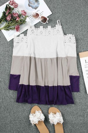 Трехцветная блузка на бретельках с кружевной отделкой: белый, серый, фиолетовый
