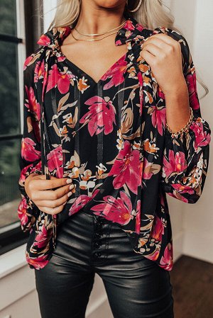 Черная блузка с цветочным принтом и завязками спереди