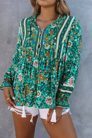 Зеленая блуза в стиле бохо с цветочным принтом