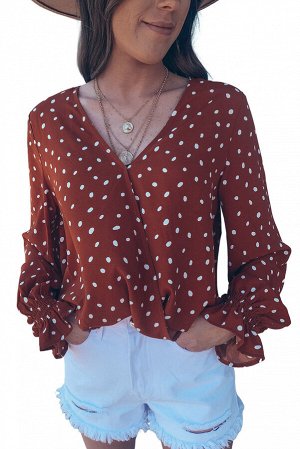 Коричневая блуза в горошек с V-образным вырезом и оборками на рукавах