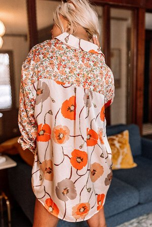 Оранжевая рубашка с цветочным принтом и нагрудным карманом