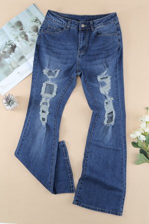 Синие рваные джинсы-клеш с высокой талией