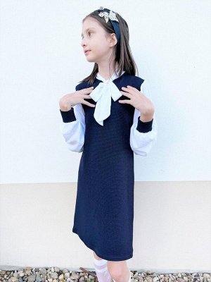 Школьное синее платье для девочки с длинными рукавами Цвет: тёмно-синий