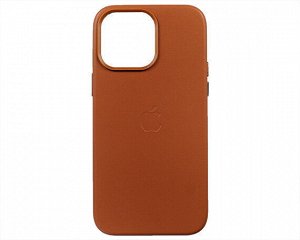 Чехол iPhone 14 Pro Max Leather hi-copy, с яблоком, коричневый